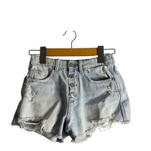 Zara Girl's Light Wash Distressed Button Fly Denim Shorts